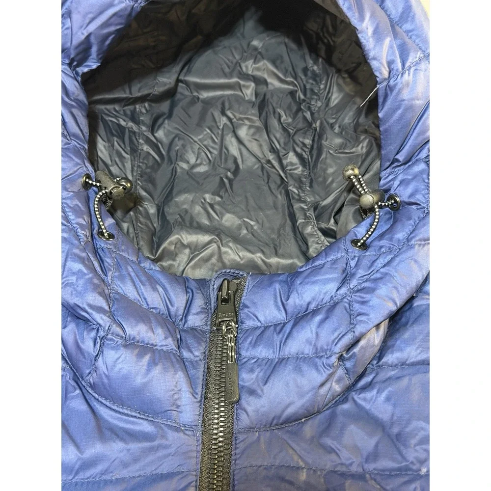 Roots Canada Womens Blue 700 Fill Down Puffer Coat Sz XS Warm Cozy Full Zip Hood